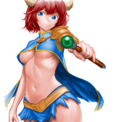 Rule 34 | 1girl, armor, blue eyes, blue skirt, breasts, brown horns, closed mouth, cowboy shot, highres, holding, holding scepter, horns, medium breasts, midriff, minamoto80486, miniskirt, navel, original, pauldrons, red hair, scepter, short hair, shoulder armor, simple background, single pauldron, skirt, smile, solo, standing, torn clothes, torn skirt, underboob, white background