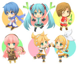 Rule 34 | 2boys, 4girls, :d, :o, aqua eyes, aqua hair, arare, arare (aboshi), belt, black skirt, blonde hair, blue eyes, blue hair, blue scarf, blush, bottle, brother and sister, brown eyes, brown hair, chibi, detached sleeves, drink, eating, food, green eyes, hair ornament, hair ribbon, hairclip, hatsune miku, headphones, headset, high five, holding, ice cream, kagamine len, kagamine rin, kaito (vocaloid), long hair, long skirt, looking at another, looking at viewer, megurine luka, meiko (vocaloid), midriff, multiple boys, multiple girls, necktie, one eye closed, open mouth, pencil skirt, pink hair, red skirt, ribbon, scarf, siblings, skirt, smile, spring onion, takoluka, thighhighs, twins, twintails, very long hair, vocaloid, wink