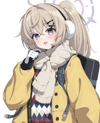 Rule 34 | 1girl, absurdres, backpack, bag, black gloves, blonde hair, blue archive, blush, commentary request, earmuffs, gloves, halo, highres, jacket, kotama (blue archive), kotama (camp) (blue archive), long hair, long sleeves, looking at viewer, no eyewear, okayusonmu, open clothes, open jacket, open mouth, purple eyes, purple halo, scarf, simple background, smile, solo, upper body, white background, white scarf, yellow jacket
