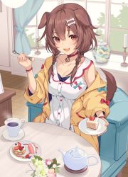 Rule 34 | 1girl, :3, :d, animal ears, armchair, bare shoulders, blue bow, blush, bone hair ornament, bow, braid, breasts, brown hair, buckle, cake, cake slice, candle, chair, cleavage, collar, collarbone, commentary request, cup, curtains, dog ears, dog girl, dog tail, dress, fang, food, fork, fruit, hair ornament, highres, holding, holding fork, holding plate, hololive, icomochi, indoors, inugami korone, jacket, jar, long hair, long sleeves, looking at viewer, macaron, medium breasts, open clothes, open jacket, open mouth, plate, red bow, saucer, sitting, smile, solo, steam, strawberry, tail, tea, teacup, teapot, twin braids, virtual youtuber, white dress, window, wooden floor, wristband
