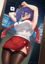 Rule 34 | 1girl, armpits, arms up, artist name, blue eyes, blue hair, breasts, earrings, from below, glass, grin, heart, highres, holding, holding mistletoe, jewelry, large breasts, looking at viewer, lowered eyelids, meru (twt zet), mistletoe, night, original, red scarf, ribbed sweater, round eyewear, scarf, seductive smile, short hair, sideboob, sleeveless, sleeveless sweater, smile, solo, speech bubble, spoken heart, sweater, teeth, thighhighs, zet (twt zet)