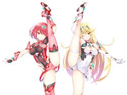Rule 34 | 2girls, breasts, chest jewel, daive, highres, large breasts, leg up, long hair, multiple girls, mythra (xenoblade), panties, pyra (xenoblade), red eyes, red hair, short hair, skindentation, split, thighhighs, underwear, very long hair, xenoblade chronicles (series), xenoblade chronicles 2, yellow eyes