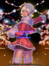 Rule 34 | 1girl, 2020, bell, bike shorts, blurry, blurry background, brown gloves, brown thighhighs, christmas, copyright name, dark-skinned female, dark skin, dress, elf, elvaan, final fantasy, final fantasy xi, fur-trimmed dress, fur-trimmed legwear, fur-trimmed sleeves, fur hat, fur trim, gloves, hat, highres, holding, holding bell, light green hair, long sleeves, looking at viewer, pointy ears, pom pom (clothes), red dress, santa costume, short hair, smile, solo, thighhighs, twitter username, yellow eyes, yuccoshi