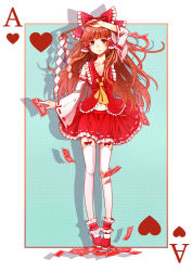 Rule 34 | 1girl, absurdres, ace (playing card), ankle cuffs, aqua background, arm over head, ascot, bobby socks, bow, brown eyes, brown hair, card, card (medium), collarbone, detached sleeves, frilled skirt, frills, full body, garter straps, gohei, hair bow, hair tubes, hakurei reimu, heart, highres, long hair, looking at viewer, mary janes, midriff, navel, ofuda, parted lips, pigeon-toed, playing card, polka dot, polka dot legwear, ribbon-trimmed skirt, ribbon-trimmed sleeves, ribbon trim, shadow, shoes, simple background, skirt, skirt set, socks, solo, tanotomoe, tassel, thighhighs, touhou, very long hair, white socks
