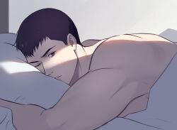 Rule 34 | 1boy, 70 tabmk, bara, bed sheet, crack of light, feet out of frame, lying, male focus, muscular, muscular male, naked sheet, on bed, on stomach, one eye closed, pov across bed, ryuji satake, solo, thick eyebrows, tsurime, upper body, yuuki bakuhatsu bang bravern