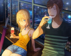 Rule 34 | 1boy, 1girl, blonde hair, blue eyes, blue shorts, blush, breasts, brown hair, building, cityscape, closed eyes, contemporary, cup, denim, drink, elf, gem, hair between eyes, highres, holding, holding cup, indoors, kururi, mujintou de elf to kyoudou seikatsu, official art, pointy ears, shirt, short shorts, shorts, sitting, skyscraper, small breasts, smile, striped clothes, striped shirt, sword, t-shirt, weapon, window