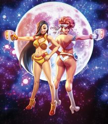 Rule 34 | 2girls, armlet, ass, back-to-back, bad id, bad tumblr id, boots, breasts, cleavage cutout, clothing cutout, dirty pair, gun, hair over one eye, hand on own hip, headband, highres, kei (dirty pair), long hair, looking back, moon, multiple girls, robaato, short hair, smile, very long hair, weapon, yuri (dirty pair)