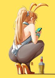 Rule 34 | 1girl, alcohol, ass, automatic giraffe, blonde hair, cellphone, drink, high heels, highres, leotard, mythra (xenoblade), pantyhose, phone, playboy bunny, ponytail, rabbit ears, rabbit tail, smartphone, squatting, wrist cuffs, xenoblade chronicles (series), xenoblade chronicles 2