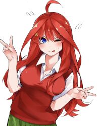 Rule 34 | 1girl, ;p, ahoge, blue eyes, blush, breasts, closed mouth, collared shirt, commentary request, double v, embarrassed, fingernails, flying sweatdrops, go-toubun no hanayome, hair ornament, head tilt, highres, large breasts, long hair, looking at viewer, mame1645, miniskirt, nakano itsuki, one eye closed, pleated skirt, red hair, red sweater vest, school uniform, shirt, short sleeves, sidelocks, simple background, skirt, smile, solo, star (symbol), star hair ornament, straight-on, sweat, sweater vest, tongue, tongue out, upper body, v, v-shaped eyebrows, very long hair, w arms, wavy hair, white background, white shirt