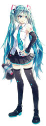 Rule 34 | 1girl, aqua eyes, aqua hair, bare shoulders, black nails, detached sleeves, full body, hair ornament, hand on own hip, hatsune miku, hatsune miku (vocaloid4), highres, hiro chikyuujin, holding, holding megaphone, long hair, looking away, looking to the side, megaphone, nail polish, necktie, shirt, shoulder tattoo, skirt, sleeveless, sleeveless shirt, smirk, solo, standing, tattoo, thighhighs, twintails, very long hair, vocaloid, white background, zettai ryouiki