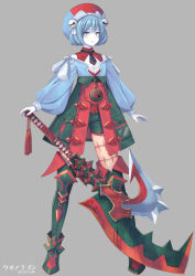Rule 34 | 1other, amulet, androgynous, armored boots, bare shoulders, bell, belt, black necktie, blue hair, blue headwear, blue shirt, bob cut, boots, bullet hole, character name, cleavage cutout, clothing cutout, colored skin, creatures (company), dracovish, fold-over skirt, full body, game freak, gen 8 pokemon, green footwear, green shorts, green skirt, grey background, hair bell, hair ornament, hand on hilt, high-waist skirt, highres, japanese text, jingle bell, legs apart, long sleeves, looking at viewer, merlusa, multicolored skin, necktie, nintendo, off-shoulder shirt, off shoulder, open clothes, open skirt, other focus, parted lips, personification, pocket, pokemon, puffy long sleeves, puffy sleeves, red shirt, scar, scar on chest, scar on leg, shirt, short hair, short necktie, short shorts, shorts, shorts under skirt, sidelocks, simple background, skirt, sleeveless, sleeveless shirt, solo, split theme, standing, sword, tassel, thigh boots, thighs, translated, two-tone skin, undershirt, weapon, white eyes, white skin