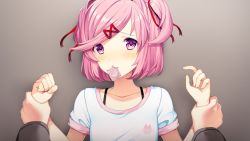 Rule 34 | 1girl, arm grab, blush, breasts, condom, condom in mouth, condom wrapper, disembodied hand, doki doki literature club, fingernails, hands up, holding another&#039;s wrist, looking at viewer, mouth hold, natsuki (doki doki literature club), pink eyes, pink hair, pov, pov hands, protagonist (doki doki literature club), short hair, small breasts, smile, solo focus, upper body