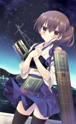 Rule 34 | 10s, 1girl, arrow (projectile), black thighhighs, brown eyes, brown hair, hair between eyes, japanese clothes, jewelry, kaga (kancolle), kantai collection, miyasu risa, muneate, personification, quiver, ring, short hair, side ponytail, sky, solo, star (sky), starry sky, thighhighs, wedding band