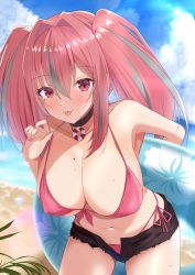Rule 34 | 1girl, :p, absurdres, arm behind back, azur lane, bare shoulders, beach, bikini, black choker, black shorts, blue sky, blush, breasts, bremerton (azur lane), choker, cleavage, cloud, collarbone, commentary request, covered erect nipples, cowboy shot, cutoffs, day, front-tie bikini top, front-tie top, grey hair, hair between eyes, hair intakes, hand up, highleg, highleg bikini, highres, holding, holding swim ring, innertube, large breasts, leaning forward, lens flare, lifebuoy ornament, long hair, looking at viewer, midriff, mole, mole on breast, mole under eye, multicolored hair, nail polish, navel, ocean, open fly, outdoors, pink bikini, pink eyes, pink hair, pink nails, shadow, short shorts, shorts, side-tie bikini bottom, sidelocks, sky, smile, solo, standing, streaked hair, sweat, swim ring, swimsuit, tongue, tongue out, twintails, two-tone hair, yumemin (yumemi5140)