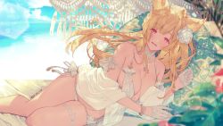 Rule 34 | 1girl, animal ears, armlet, beach, blonde hair, blue sky, bracelet, braid, breasts, cleavage, cloud, day, detached collar, erune, flower, french braid, gloves, granblue fantasy, hair flower, hair ornament, half gloves, horizon, jewelry, koza game, lace, lace gloves, lying, medium breasts, ocean, on side, outdoors, panties, red eyes, revealing clothes, sand, side-tie panties, sideboob, sky, solo, thigh strap, underwear, water, white gloves, white panties, yuisis (granblue fantasy)