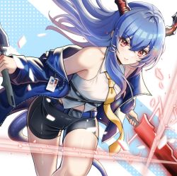 Rule 34 | 1girl, absurdres, arknights, bare shoulders, black jacket, black shorts, blue hair, breasts, ch&#039;en (arknights), chi xiao (arknights), dragon girl, dragon horns, dragon tail, dual wielding, highres, holding, holding sword, holding weapon, horns, id card, jacket, long hair, long sleeves, looking at viewer, necktie, off shoulder, open clothes, open jacket, saylamars, shirt, shorts, sidelocks, sleeveless, sleeveless shirt, small breasts, solo, sword, tail, weapon, white shirt, yellow necktie