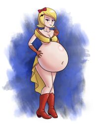 Rule 34 | 1girl, bad tag, bandai namco, belly, belly stuffing, big breasts, blonde hair, boots, breasts, brown eyes, feet, female focus, from side, full body, gloves, hand on own hip, huge breasts, humanized, inflation, looking at another, ms pac-man, namco, orange gloves, pac-man, pac-man (series), purple eyebrows, ribbon, saf-404, short hair, skirt, solo focus, standing, thighhighs, yellow skirt, yellow top