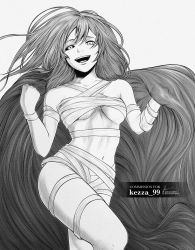 Rule 34 | 1girl, absurdres, bandages, breasts, colored sclera, commission, eto (tokyo ghoul), greyscale, highres, instagram username, marvin (omarvin), medium breasts, monochrome, navel, open mouth, signature, smile, solo, tokyo ghoul, twitter username, underboob