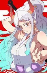 Rule 34 | 1girl, absurdres, arm behind head, arm up, bare shoulders, blue hair, breasts, closed mouth, club, club (weapon), commentary request, earrings, egasumi, gradient hair, grey hair, highres, holding, horns, japanese clothes, jewelry, kanabou, kimono, long hair, looking at viewer, medium breasts, multicolored hair, okota mikan, one piece, orange eyes, ponytail, red background, sleeveless, sleeveless kimono, solo, v-shaped eyebrows, very long hair, weapon, white kimono, yamato (one piece)