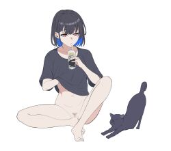 Rule 34 | 1girl, barefoot, black cat, black hair, black shirt, blue hair, bottomless, can, cat, chain, cleft of venus, closed eyes, clothes lift, colored inner hair, cross, cross earrings, drinking, drinking straw, drinking straw in mouth, ear piercing, earrings, feet, female admiral (kancolle), female pubic hair, full body, hand under clothes, hand under shirt, hand up, highres, holding, holding can, jewelry, kantai collection, legs, lifted by self, looking at animal, mouth hold, multicolored hair, naked shirt, navel, original, piercing, pubic hair, pussy, red eyes, shirt, shirt lift, short hair, short sleeves, simple background, sitting, sparse pubic hair, stretching, strong zero, t-shirt, takaman (gaffe), toenails, toes, white background