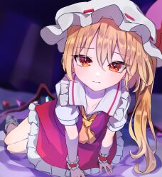 Rule 34 | 1girl, 3:, arm support, ascot, blonde hair, blurry, blush, closed mouth, commentary request, crystal, depth of field, eyelashes, eyes visible through hair, flandre scarlet, foreshortening, frilled shirt collar, frilled skirt, frilled wrist cuffs, frills, hair between eyes, hand out of frame, hat, indoors, koroyarou, leaning forward, long hair, looking at viewer, mob cap, night, red eyes, red skirt, red vest, red wrist cuffs, shirt, short sleeves, side ponytail, sitting, skirt, solo, touhou, tsurime, vest, white hat, white shirt, wings, wrist cuffs, yellow ascot, yokozuwari