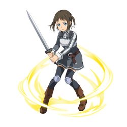 Rule 34 | 1girl, armor, black thighhighs, blue eyes, boots, breastplate, brown footwear, brown hair, dress, full body, grey dress, hair ornament, highres, holding, holding sword, holding weapon, long sleeves, looking at viewer, official art, open mouth, pink dress, pleated dress, ronye arabel, school uniform, short dress, short hair, solo, standing, sword, sword art online, sword art online: memory defrag, sword mastery academy school uniform, thighhighs, transparent background, twintails, weapon