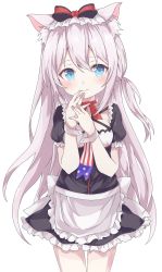 Rule 34 | 1girl, american flag, american flag print, animal ears, apron, azur lane, blue eyes, blush, bow, cat ears, commentary request, cowboy shot, fingers to mouth, flag print, grey hair, hair bow, hammann (azur lane), highres, long hair, looking at viewer, necktie, rinji, simple background, solo, white background, wrist cuffs