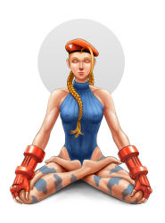 Rule 34 | 1girl, ahoge, bare shoulders, barefoot, beret, blonde hair, blue leotard, braid, breasts, cammy white, camouflage, covered erect nipples, closed eyes, hands on own knees, haritaki, hat, highres, huge ahoge, leotard, lips, long hair, lotus position, meditation, medium breasts, nose, ribbed leotard, sitting, solo, street fighter, toes, toned, turtleneck, twin braids, twintails