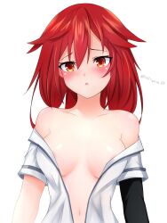 Rule 34 | 1girl, alternate hairstyle, bare shoulders, blush, breasts, clothes pull, commentary, embarrassed, english commentary, hair down, highres, long hair, looking at viewer, medium breasts, midriff, navel, neptune (series), nipples, nitoya, no bra, off shoulder, open clothes, open mouth, open shirt, orange eyes, red hair, shin jigen game neptune vii, shirt, shirt pull, short sleeves, solo, staring, tennouboshi uzume, upper body, white shirt