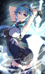 Rule 34 | 1girl, absurdres, adapted costume, armpits, arms up, bare shoulders, black gloves, black hairband, black thighhighs, blue hair, blue necktie, breasts, commentary request, cowboy shot, eula (genshin impact), genshin impact, gloves, hairband, highres, holding, holding sword, holding weapon, medium breasts, necktie, solo, standing, sword, thighhighs, thighs, wanatsu 15, weapon