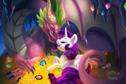 Rule 34 | cave, claws, closed eyes, collaboration, dragon, eric proctor, facing another, gem, happy, horns, looking at another, money, my little pony, my little pony: friendship is magic, no humans, pony (animal), rarity (my little pony), single horn, smile, spike (my little pony), stalactite, sunset dragon, treasure, unicorn