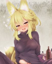 Rule 34 | 1girl, :d, alcohol, animal ears, black pantyhose, black sweater, blonde hair, blush, bottle, breasts, can, covered erect nipples, drunk, fang, fox ears, fox girl, fox tail, hand under clothes, hand under shirt, long hair, medium breasts, navel, open mouth, original, pantyhose, rechiko (yarareimu), shirt, smile, solo, sweater, tail, yarareimu