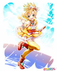 Rule 34 | 1girl, a1ri, ankle boots, blonde hair, boots, dress, earrings, full body, gradient background, green eyes, highres, jewelry, looking at viewer, original, ponytail, ring, smile, solo, standing, standing on one leg, yellow dress