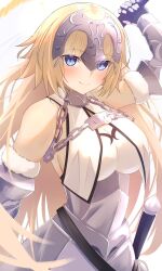 Rule 34 | 1girl, armor, armored dress, bare shoulders, blonde hair, blue eyes, blush, breasts, chain, fate/grand order, fate (series), fur trim, gauntlets, gloves, headpiece, highres, holding, jeanne d&#039;arc (fate), jeanne d&#039;arc (third ascension) (fate), large breasts, long hair, looking at viewer, smile, solo, sword, thighhighs, umi endu, very long hair, weapon