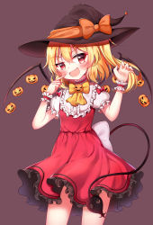 Rule 34 | &gt;:d, 1girl, :d, absurdres, black hat, blonde hair, blush, bow, bowtie, choker, cowboy shot, dress, fang, flandre scarlet, frilled dress, frills, hair between eyes, halloween, hanen (borry), hat, hat ribbon, highres, jack-o&#039;-lantern, laevatein, mob cap, open mouth, orange bow, orange ribbon, puffy short sleeves, puffy sleeves, purple background, red bow, red dress, ribbon, short sleeves, side ponytail, simple background, smile, solo, touhou, v-shaped eyebrows, wings, witch hat, wrist cuffs, yellow bow, yellow bowtie