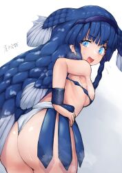 Rule 34 | 1girl, absurdres, armpits, ass, bare shoulders, blue eyes, blue hair, blush, bracer, braid, breasts, coelacanth (kemono friends), dark blue hair, eyelashes, fang, fins, flying sweatdrops, from behind, fundoshi, furrowed brow, hairband, hand on own hip, head fins, highres, japanese clothes, kemono friends, kemono friends 3, leaning forward, long hair, looking at viewer, looking back, medium breasts, multicolored eyes, open mouth, revealing clothes, side braid, sideboob, smile, solo, steaming body, sweat, takara (takara0508), twin braids, very long hair