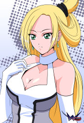 Rule 34 | 10s, 1girl, :&lt;, absurdres, bare shoulders, blonde hair, breasts, cardfight!! vanguard, cleavage, cleavage cutout, clothing cutout, earrings, elbow gloves, gloves, green eyes, highres, jewelry, large breasts, long hair, looking at viewer, sleeveless, sleeveless turtleneck, solo, tatsunagi kourin, turtleneck, vector trace, white gloves, wslasher