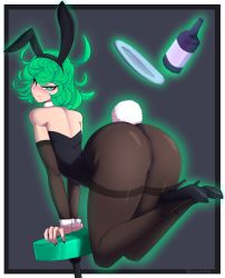 Rule 34 | 1girl, absurdres, angry, animal ears, ass, back, bare shoulders, black background, black border, black footwear, black leotard, black pantyhose, blush, border, bottle, closed mouth, curly hair, detached sleeves, fake animal ears, floating, from behind, full body, glowing, green eyes, green hair, green nails, high heels, highres, huge ass, leotard, looking at viewer, looking back, matching hair/eyes, nail polish, one-punch man, pantyhose, playboy bunny, rabbit ears, rabbit tail, shiny clothes, short hair, simple background, solo, stool, tatsumaki, tippydoodles, tray, wavy mouth, white border, wine bottle, wrist cuffs
