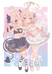 Rule 34 | 09hkr, 2girls, ;3, ahoge, angel, angel and devil, angel wings, ankle lace-up, bare arms, bare shoulders, belt, black bow, black footwear, black skirt, black tube top, blush, bow, braid, brown eyes, buckle, cheek-to-cheek, cleavage cutout, clothing cutout, commentary, crop top, cross-laced footwear, demon costume, demon tail, demon wings, dot nose, dual persona, flower, frills, full body, hair between eyes, hair bow, hair flower, hair ornament, halo, hand on another&#039;s cheek, hand on another&#039;s face, heads together, heart, heart-shaped buckle, heart cutout, highres, horns, lens flare, long hair, looking at viewer, midriff, multiple girls, navel, official alternate costume, official alternate hairstyle, one eye closed, onii-chan wa oshimai!, oyama mahiro, pink hair, shoes, skirt, smile, strapless, tail, tube top, twin braids, twintails, white footwear, white skirt, wings, wrist cuffs