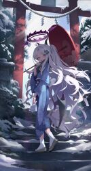 Rule 34 | 1girl, absurdres, black horns, black wings, blue archive, blue kimono, blush, day, demon horns, demon wings, grey hair, halo, highres, hina (blue archive), holding, holding umbrella, horns, japanese clothes, kimono, long hair, long sleeves, looking at viewer, oil-paper umbrella, okkimon, open mouth, outdoors, purple eyes, sandals, socks, solo, stairs, tabi, torii, umbrella, very long hair, white socks, wide sleeves, wings, zouri