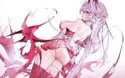 Rule 34 | 1girl, absurdres, agoto, arm behind back, ass, breasts, detached sleeves, dress, from behind, grey hair, hair between eyes, highres, large breasts, long hair, looking at viewer, looking back, low wings, original, red eyes, red thighhighs, red wings, simple background, skindentation, solo, thigh strap, thighhighs, very long hair, white background, wings