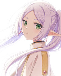 Rule 34 | 1girl, blush, cape, earrings, frieren, green eyes, high collar, highres, ibuki ena, jewelry, long hair, long pointy ears, looking at viewer, parted lips, pointy ears, solo, sousou no frieren, thick eyebrows, twintails, upper body, white hair