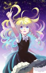 Rule 34 | 1girl, adapted costume, alternate costume, bad id, bad pixiv id, black dress, blonde hair, blue eyes, bow, bowtie, braid, dress, gradient background, kaito (kaixm), kirisame marisa, long hair, looking up, no headwear, open mouth, pointing, pointing up, puffy sleeves, short sleeves, side braid, single braid, solo, touhou, upskirt