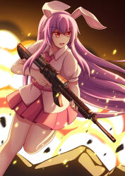Rule 34 | 1girl, absurdres, animal ears, ar-15, collared shirt, commentary, debris, explosion, fire, gun, highres, holding, holding gun, holding weapon, long hair, necktie, open mouth, piaoluo de ying huaban, pleated skirt, purple hair, rabbit ears, red eyes, reisen udongein inaba, rifle, scope, shirt, short sleeves, skirt, solo, touhou, very long hair, weapon, white shirt