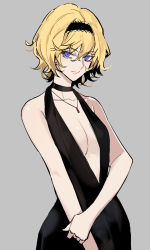 Rule 34 | 1girl, alice margatroid, alternate costume, arm grab, black dress, black hairband, blonde hair, blue eyes, breasts, breasts apart, cowboy shot, dress, hairband, highres, jewelry, kaoru (alicemakoto), lace-trimmed hairband, lace trim, looking at viewer, necklace, short hair, small breasts, solo, touhou, white background