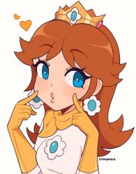 Rule 34 | 1girl, artist name, biker clothes, biker daisy, bikesuit, blue eyes, bodysuit, breasts, brown hair, cremanata, crown, earrings, flower earrings, gloves, heart, highres, jewelry, lips, mario (series), mario kart, mario kart wii, nintendo, pointing, pointing at self, princess daisy, puckered lips, small breasts, solo, upper body, yellow gloves