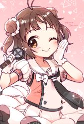 Rule 34 | 1girl, ;), antenna hair, black neckwear, blush, bow, brown eyes, brown hair, closed mouth, dated, double bun, gloves, hair bun, hands up, head tilt, heart, heart in eye, highres, holding, holding microphone, kantai collection, koruri, looking at viewer, microphone, naka (kancolle), naka kai ni (kancolle), one eye closed, orange vest, pleated skirt, puffy short sleeves, puffy sleeves, sailor collar, shirt, short sleeves, side bun, skirt, smile, solo, symbol in eye, twitter username, two side up, vest, white bow, white gloves, white sailor collar, white shirt, white skirt