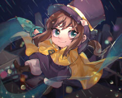 Rule 34 | 1girl, a hat in time, blue umbrella, boots, brown footwear, brown hair, cape, child, cityscape, closed mouth, commission, dress, floating, hat, hat kid, highres, holding, holding umbrella, kani nyan, looking at viewer, medium hair, night, night sky, outdoors, pixiv commission, ponytail, purple dress, purple hat, rain, sky, smile, solo, top hat, umbrella, wet, wet clothes, yellow cape, zipper pull tab