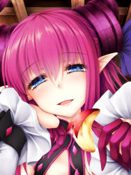 Rule 34 | 10s, 1girl, apple, blue eyes, commentary request, curled horns, dragon girl, dragon horns, elizabeth bathory (fate), elizabeth bathory (fate/extra ccc), elizabeth bathory (first ascension) (fate), fang, fate/extra, fate/extra ccc, fate/grand order, fate (series), food, fruit, hair between eyes, happy, highres, horns, lips, looking at viewer, pink hair, pointy ears, sasasa (nashi), solo