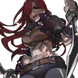 Rule 34 | 1girl, belt, black pants, breasts, brown belt, cowboy shot, from below, grin, hair over one eye, highres, holding, holding knife, katarina (league of legends), knife, large breasts, league of legends, long hair, looking down, mag cora imparo, navel, pants, red hair, red lips, scar, scar across eye, shoulder plates, signature, simple background, smile, stomach, stomach tattoo, tattoo, teeth, white background
